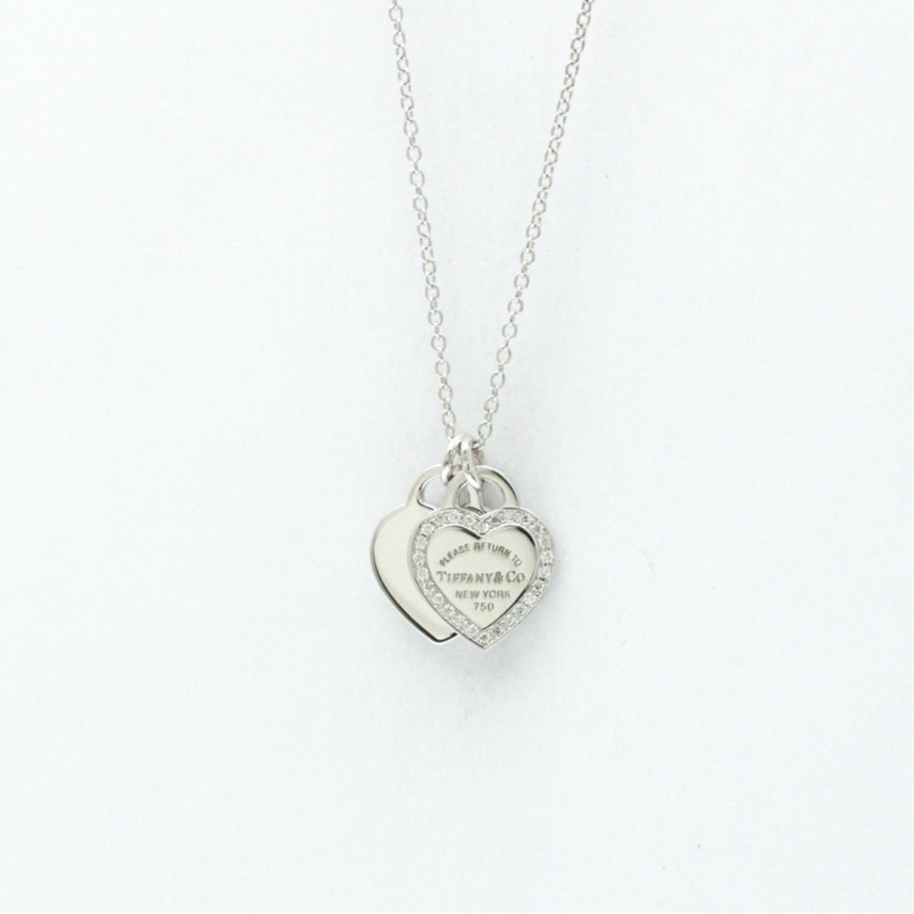 Tiffany & Co. 18K White Gold Diamond Mini Double Heart Tag Pendant Necklace